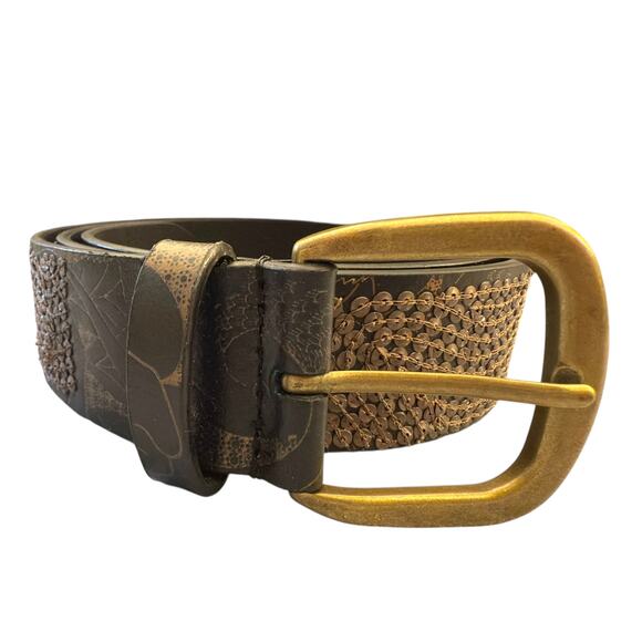 Lucky Brand Black Brown Tooled Embossed Leather Belt Brass Buckle Boho S NEW - Picture 3 of 9